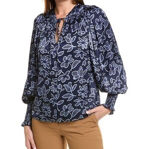 Rebecca Taylor Blue Smocked Long Sleeve Blouse- Size Small